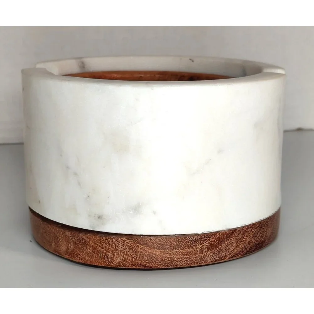 Etched B Monogram Wood Coasters Set with White Heavy Marble Holder Wood Base